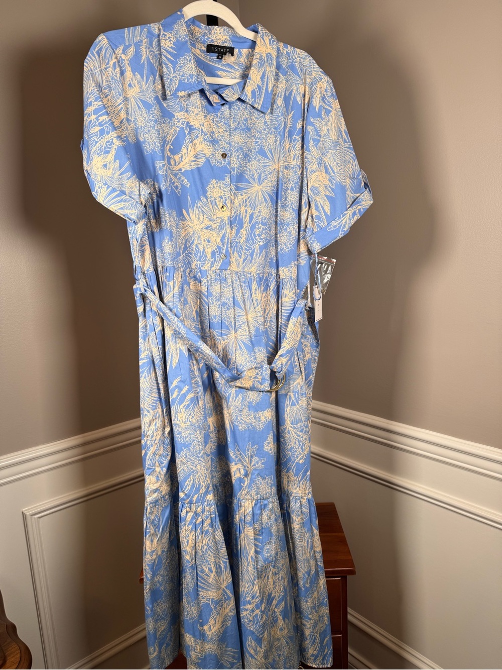 1.STATE XL Blue Cream Tropical Print Tie Waist Maxi Dress NWT - Picture 2 of 8